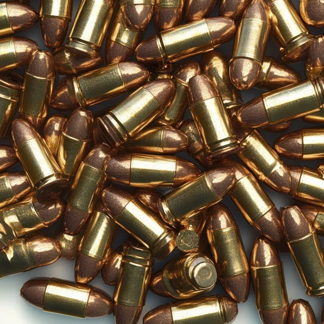 Scattered brass bullet casings and cartridges lie in a tight pile under dramatic high-contrast lighting.