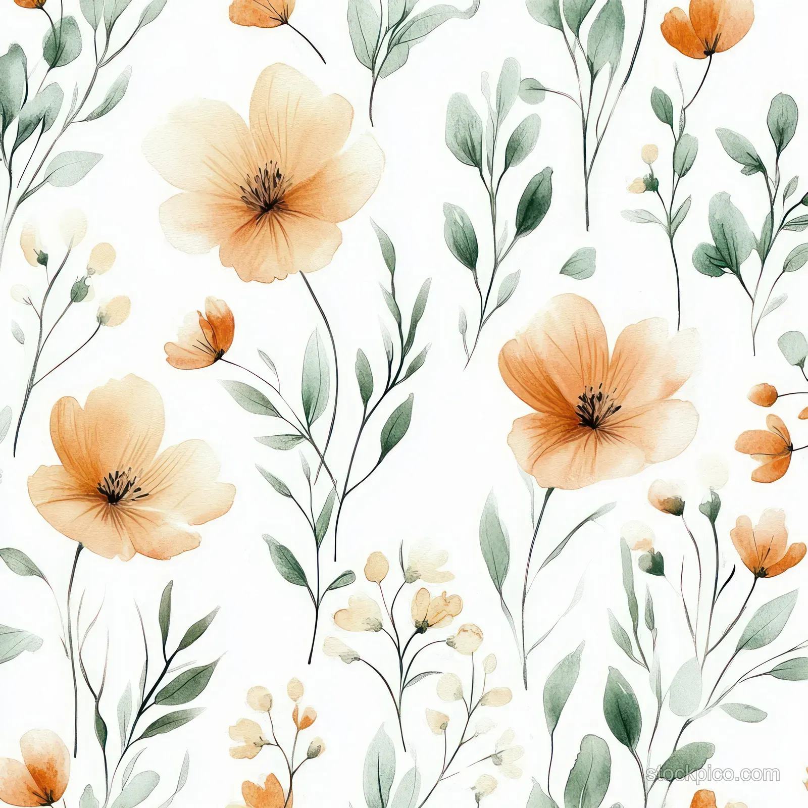 Watercolor peach and green flowers with slender stems arranged as a repeating pattern on a pale background.