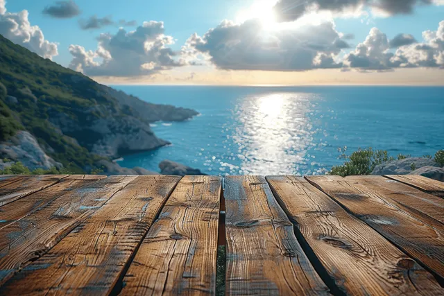 Wooden tabletop overlooking sunny sea, island, and palm-lined coastline