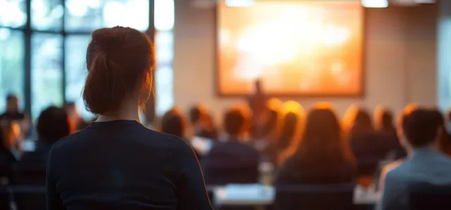 An executive manager presents to an engaged audience in a modern office during a leadership seminar.