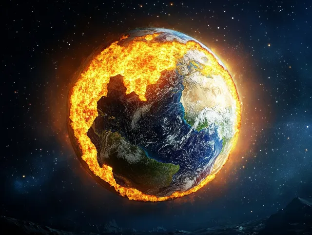 Earth appears as a glowing cross-section with fiery lava mantle and visible layers floating in starry space.