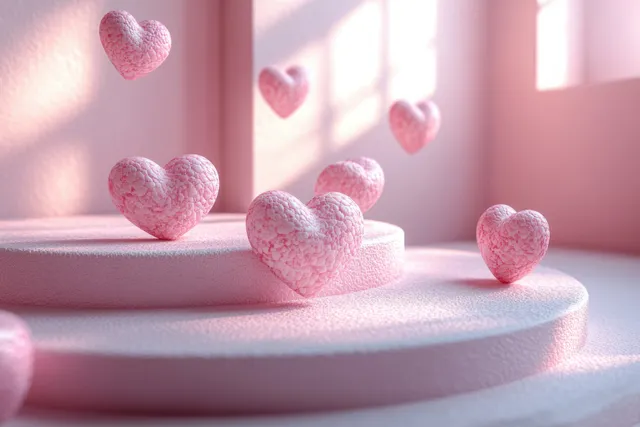Pink heart podium scene with soft sunlight, dreamy celebration stage atmosphere