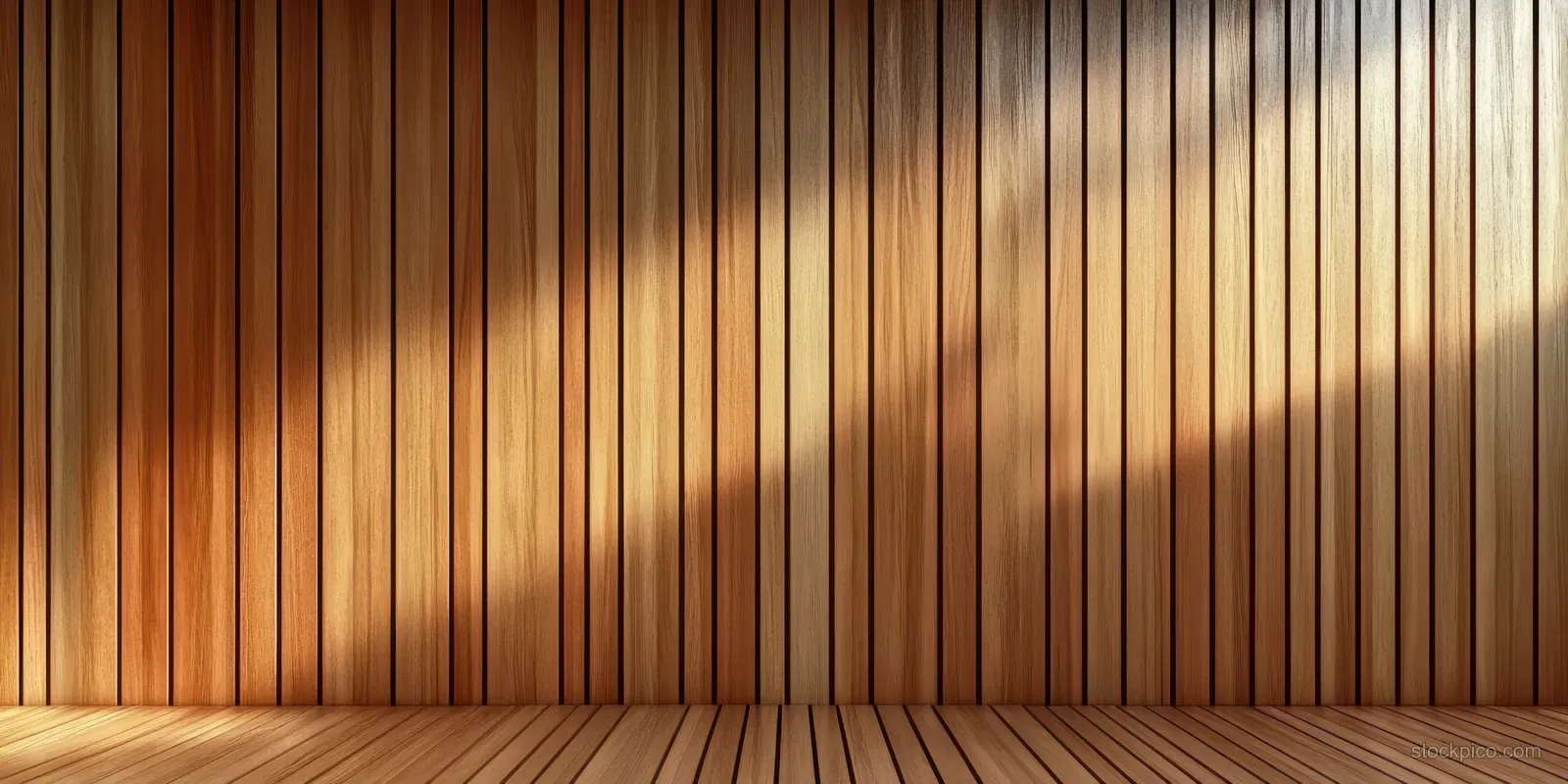 Empty room with vertical wooden panel walls and a sunlit wooden floor with visible light-and-shadow patterns.