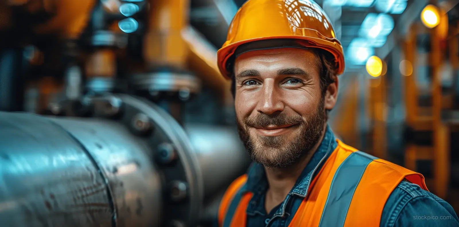 Smiling construction worker in orange helmet and vest stands beside a large steel pipe at a job site.