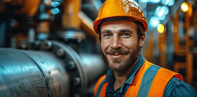 Smiling construction worker in orange helmet and vest stands beside a large steel pipe at a job site.