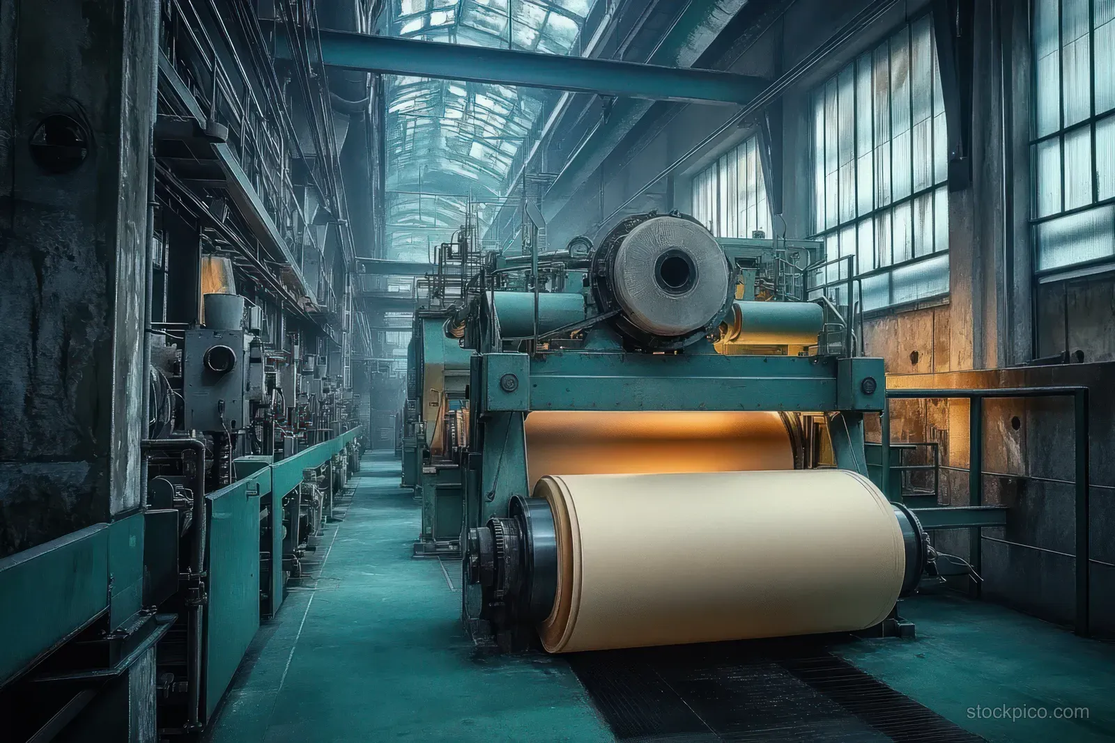 A paper roll machine feeds a wide roll of paper through an industrial factory with tall windows and daylight.