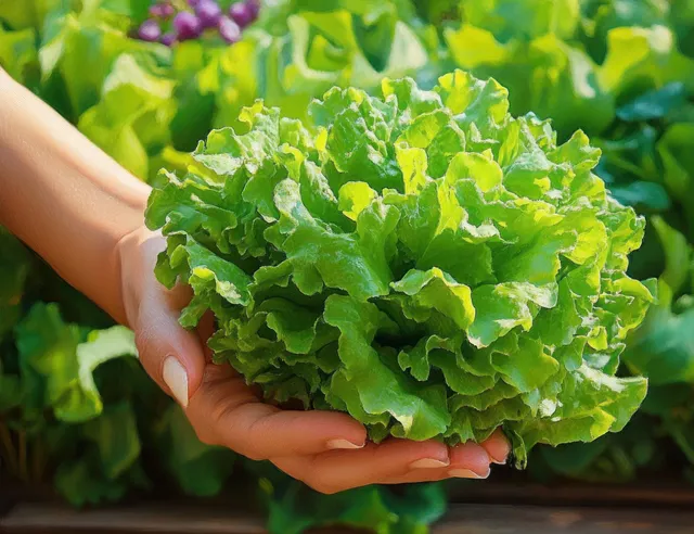 Hands harvest fresh green lettuce leaves in a sunny spring garden bed