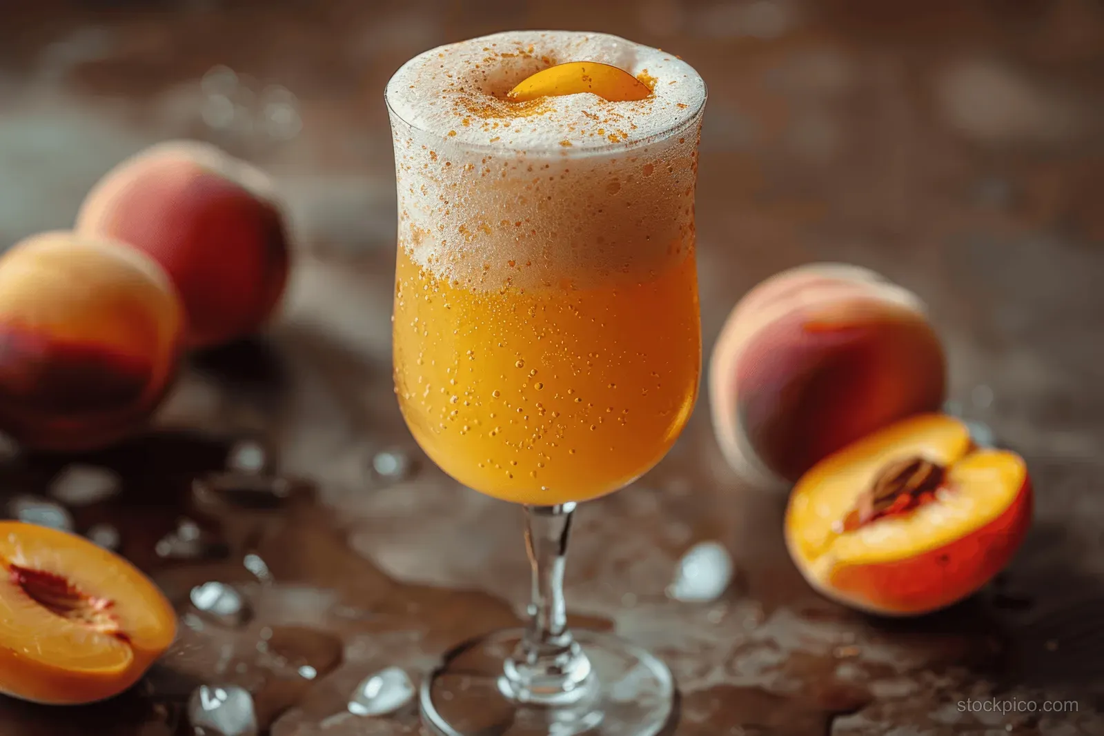 Peach fuzz cocktail in a champagne flute with frothy foam and nearby peach slices on a warm brown background.