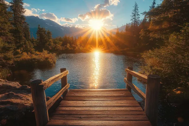 Wooden pier on calm lake at sunset, mountains backlit through trees with golden reflections