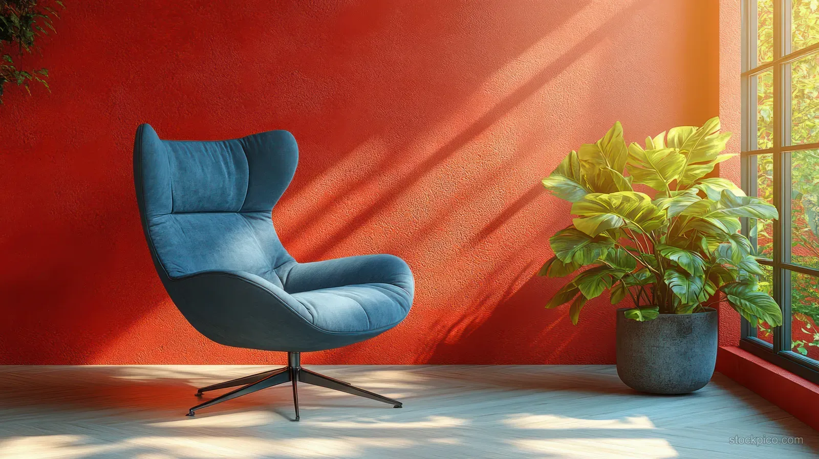 Blue swivel armchair sits against a coral wall beside a potted plant near a window casting light shadows.