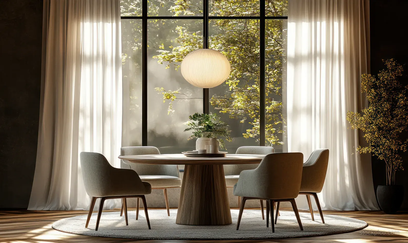Sunlit dining room shows a round table with olive chairs centered between sheer curtains and large window greenery view.