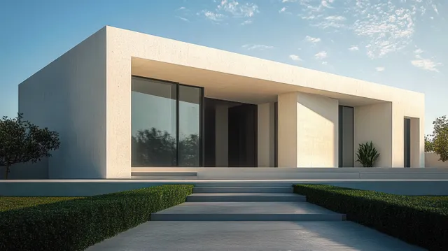 Sunlit minimalist house facade with large windows, hedges, and a straight entry walkway in front yard.