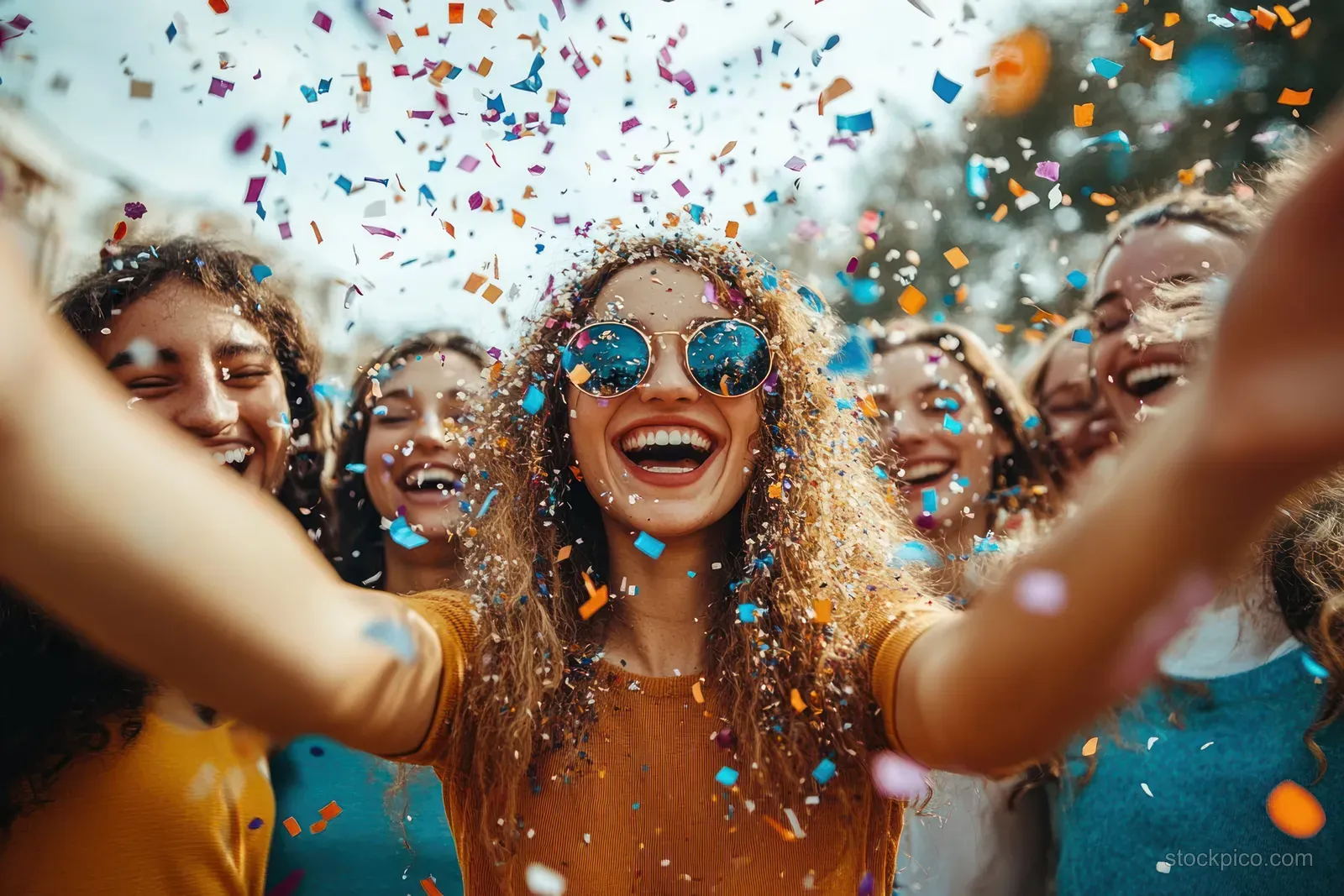 Students in sunglasses cheer and laugh while confetti bursts across an outdoor campus party scene.