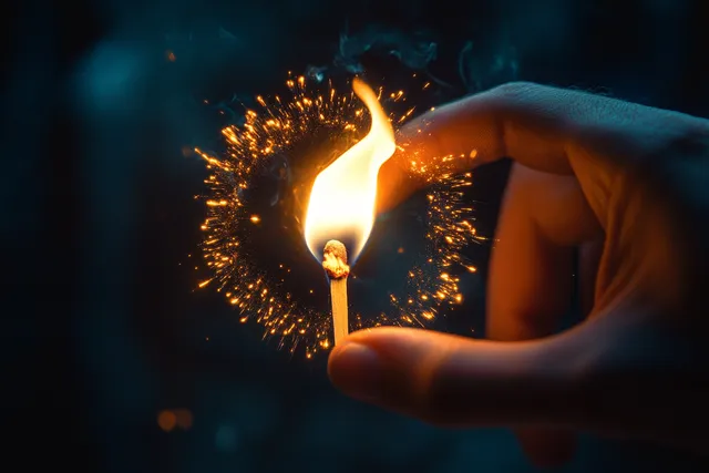 Hand holding a burning matchstick with sparks flying against a dark background
