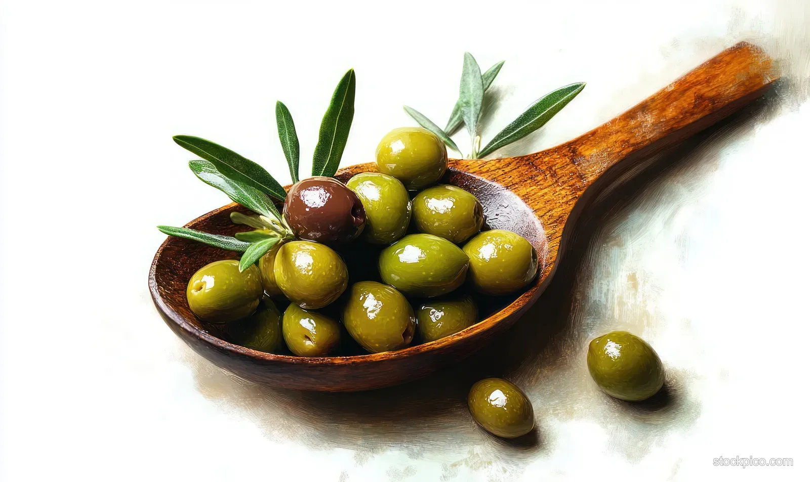 Wooden spoon filled with glossy green and brown olives with fresh olive leaves on a white background.
