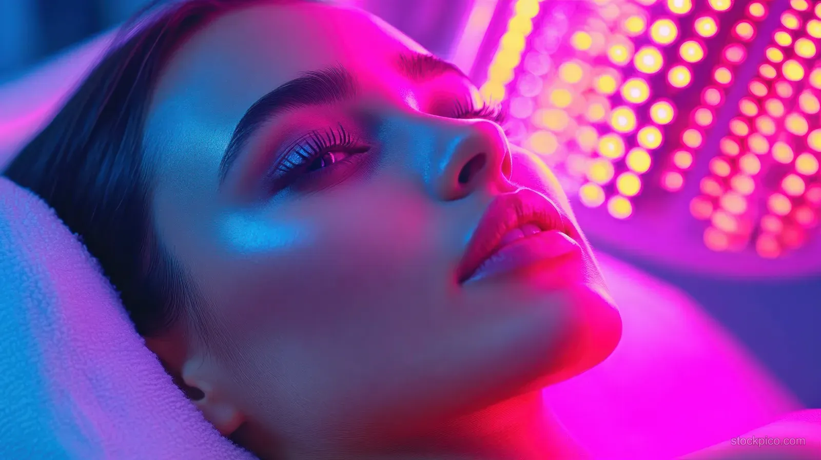 A relaxed young woman has her face illuminated by colorful LED therapy lights during a facial treatment session.