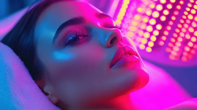 Young woman receives colorful LED facial light therapy under glowing pink and blue LEDs
