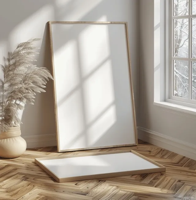 White poster frame standing on a chevron parquet floor near a bright window with soft shadows.