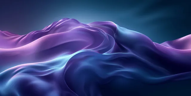Glowing blue and purple wavy ribbons flow across a dark gradient background.