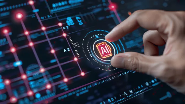 Un dedo toca un icono holográfico de IA sobre una placa de circuito neón con anillos de datos circulares.