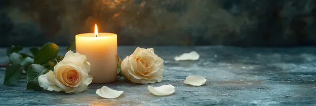 White candle burning beside pale roses and scattered petals on grey stone