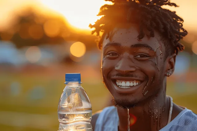 Latino male sprinter laughing while drinking cold isotonic sports water on track at sunset