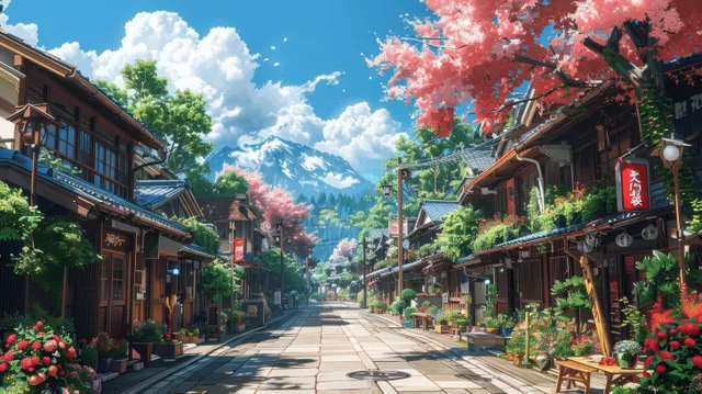 Anime-style Japanese town street on a sunny day, hanging lanterns and cherry blossoms