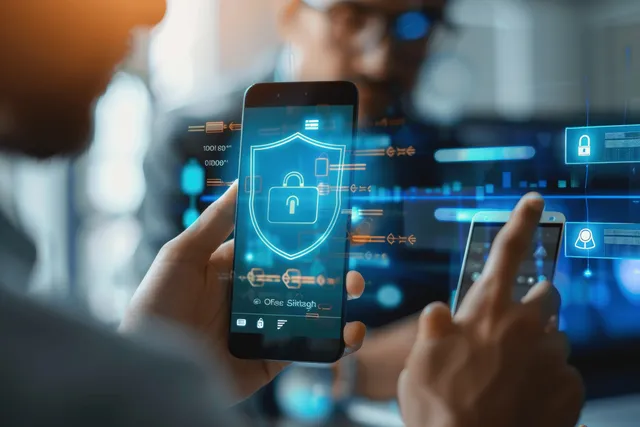 Hands hold a smartphone displaying an OTP security keypad and encrypted lock screen for mobile banking login.