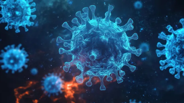 Glowing spiky coronavirus particles float against a dark blue background with scattered halos.