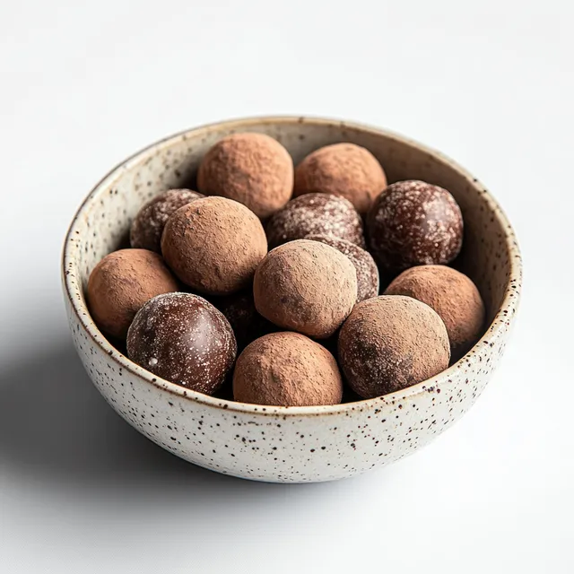 Chocolate truffles sit in a speckled ceramic bowl on a clean white background under soft light.