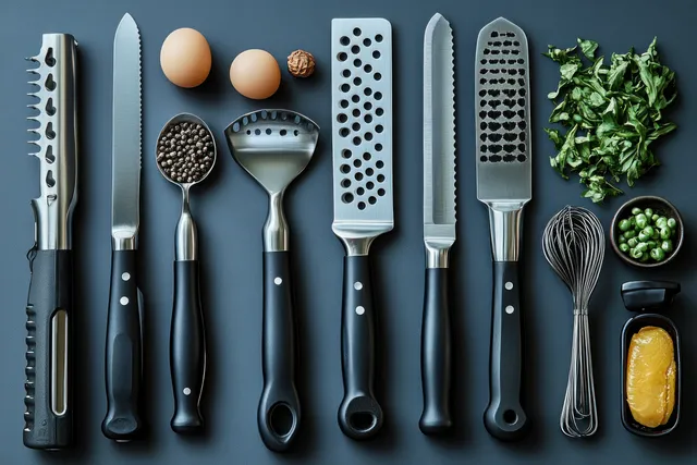 Assorted kitchen slicer tools with grater and peeler laid out on dark background