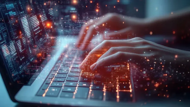 A woman typing on a laptop with glowing interface elements and floating data over a futuristic city backdrop.