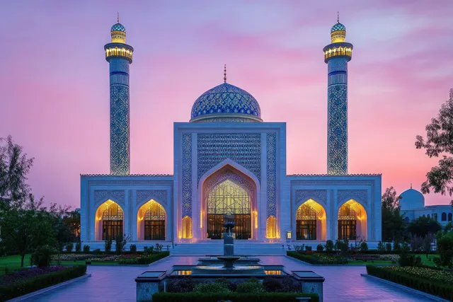 Islamic mosque at dawn in Tashkent, minarets and glowing mosaic arches at sunrise