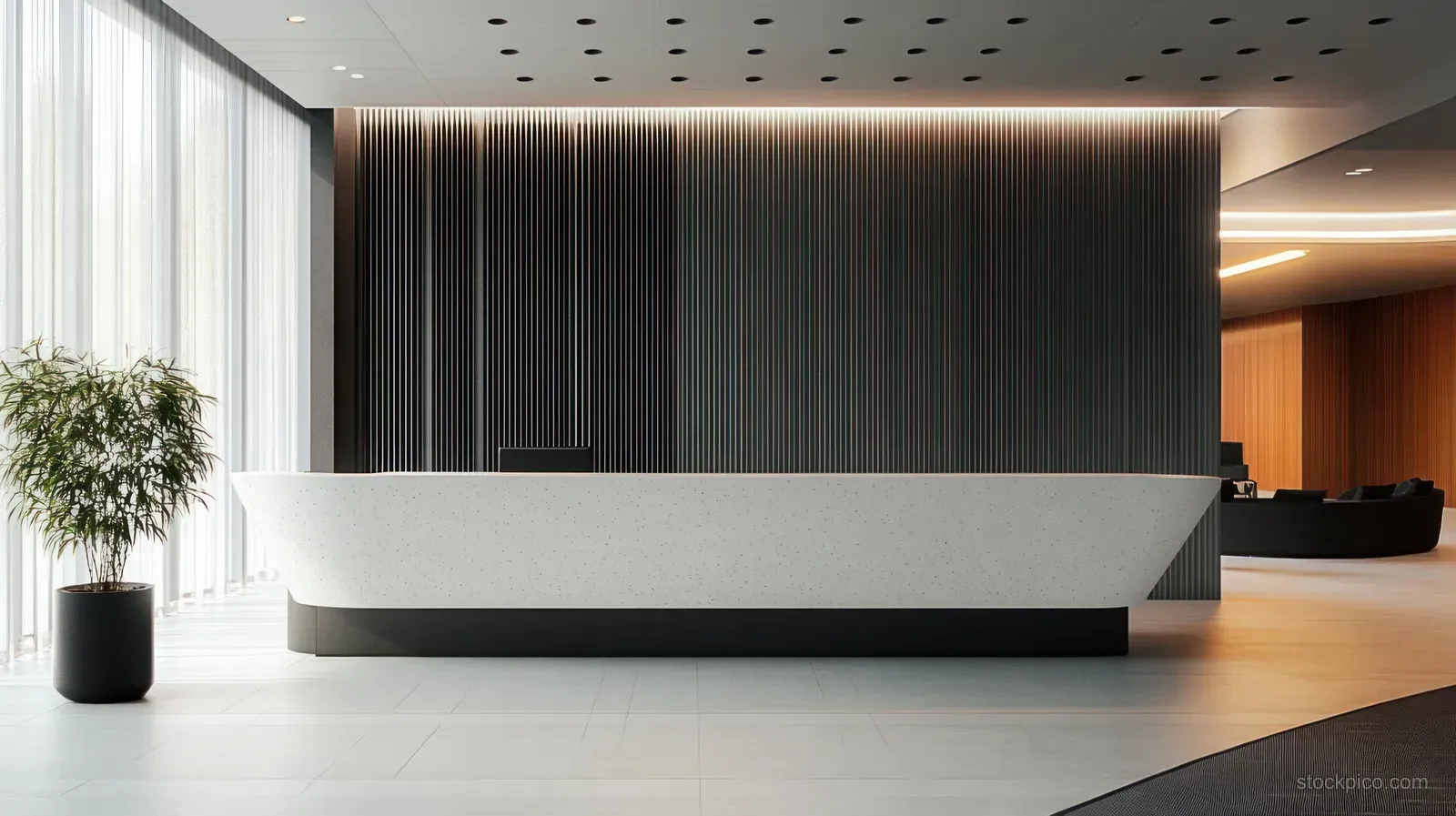 Minimalist office reception area with white desk, black slat wall, sheer-curtain window light, and a potted green plant.