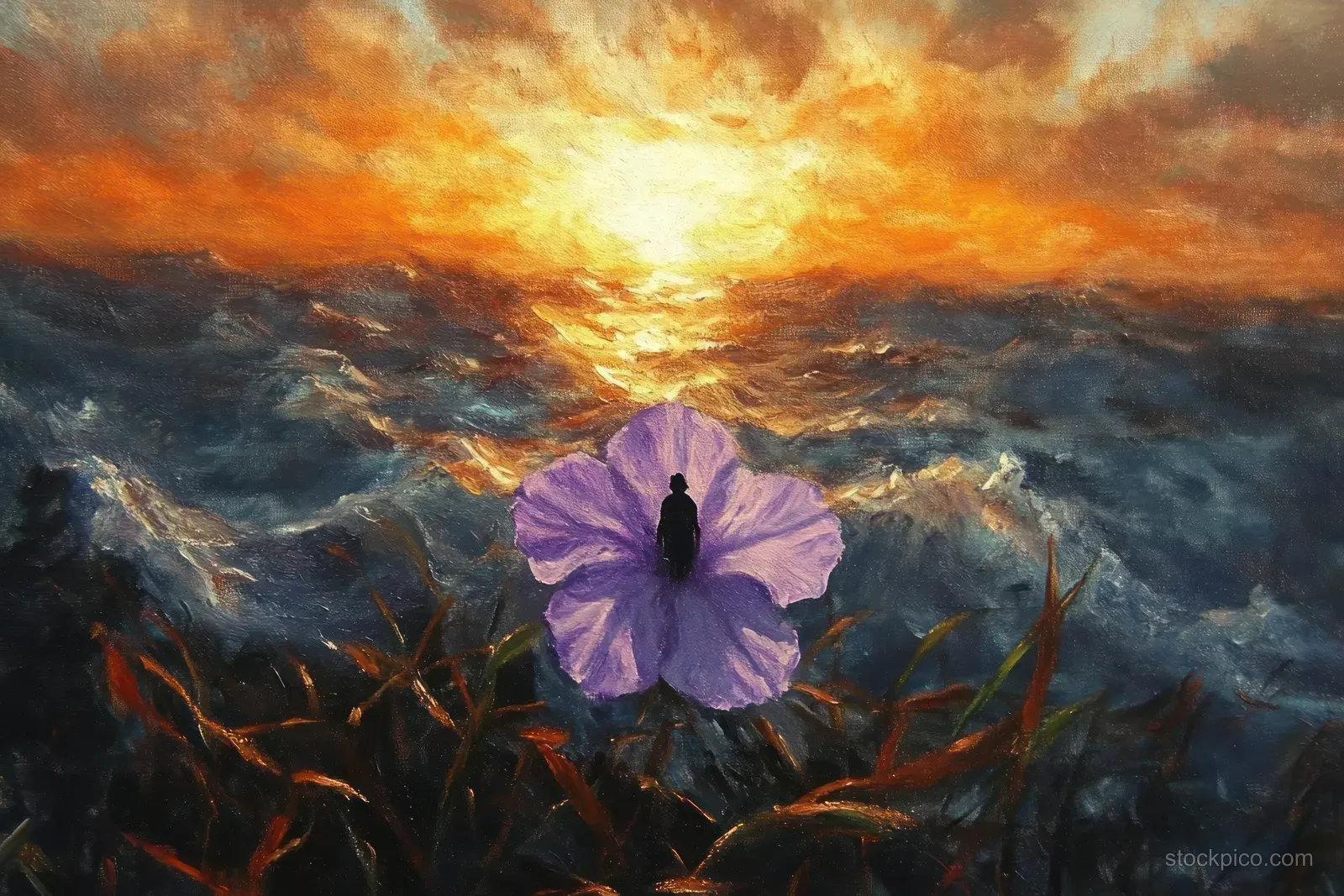 A person silhouette stands inside a purple flower over an ocean at sunset with glowing clouds.