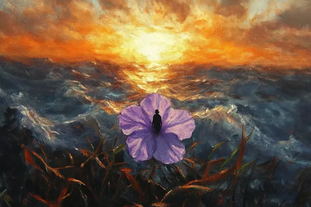 A person silhouette stands inside a purple flower over an ocean at sunset with glowing clouds.