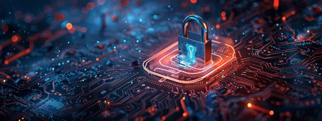 Digital padlock glowing on circuit board, securing online connection with data encryption