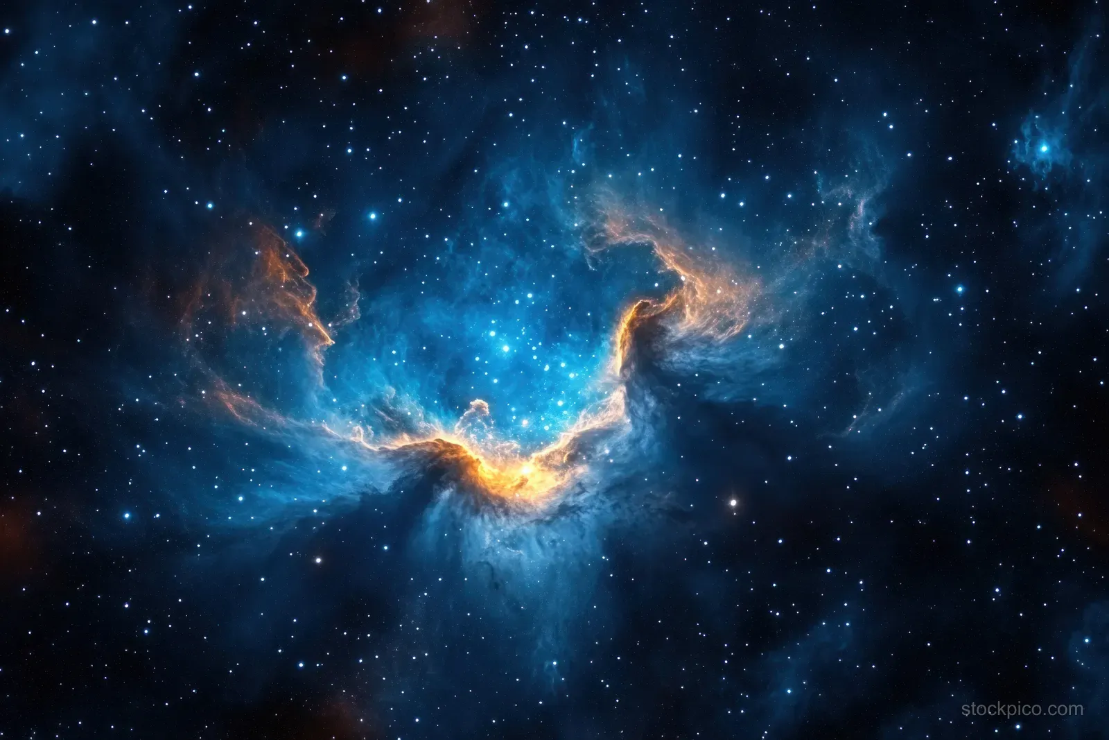 Blue teal nebula clouds with orange glowing wisps swirl through a dense star-filled night sky.