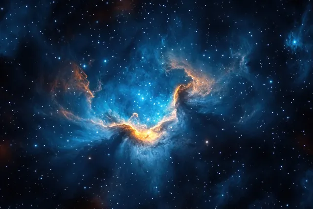 Blue teal nebula clouds with orange glowing wisps swirl through a dense star-filled night sky.