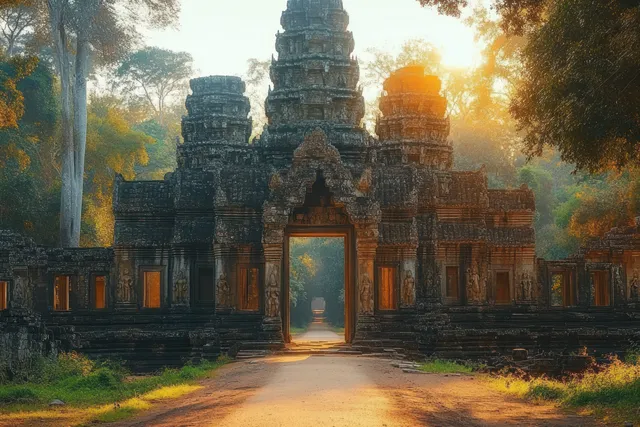 Ancient stone temple gate on a forest path with golden-hour sun rays and surrounding greenery.