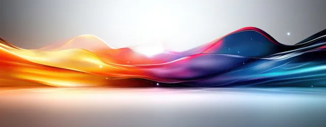 Abstract neon ribbon waves with glowing gradients over a dark digital backdrop