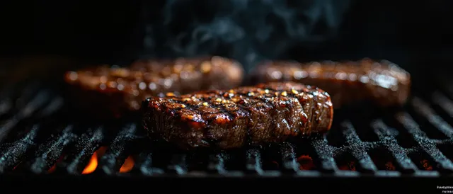 Beef steak sizzling on a grill with visible char marks and smoke, herbs and hands at the side.