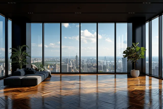 Dark minimalist living room with panoramic windows, parquet floor reflections, and low sofas in daylight.