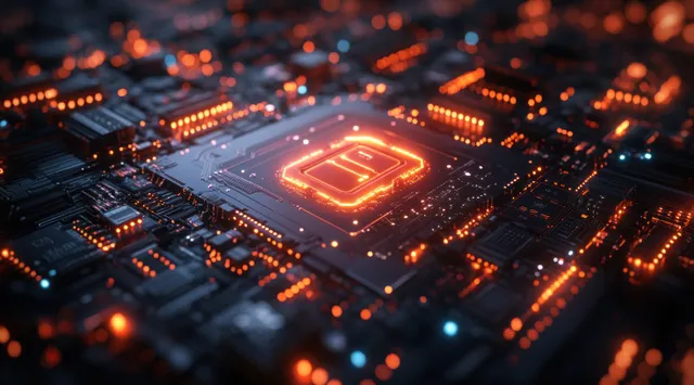 A holographic lock glows above an illuminated server circuit board with neon encrypted data signals.