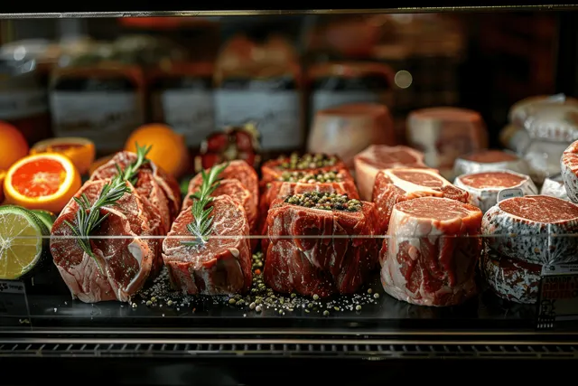 Fresh Angus steak cuts displayed in supermarket meat case with marbled T-bone and ribeye