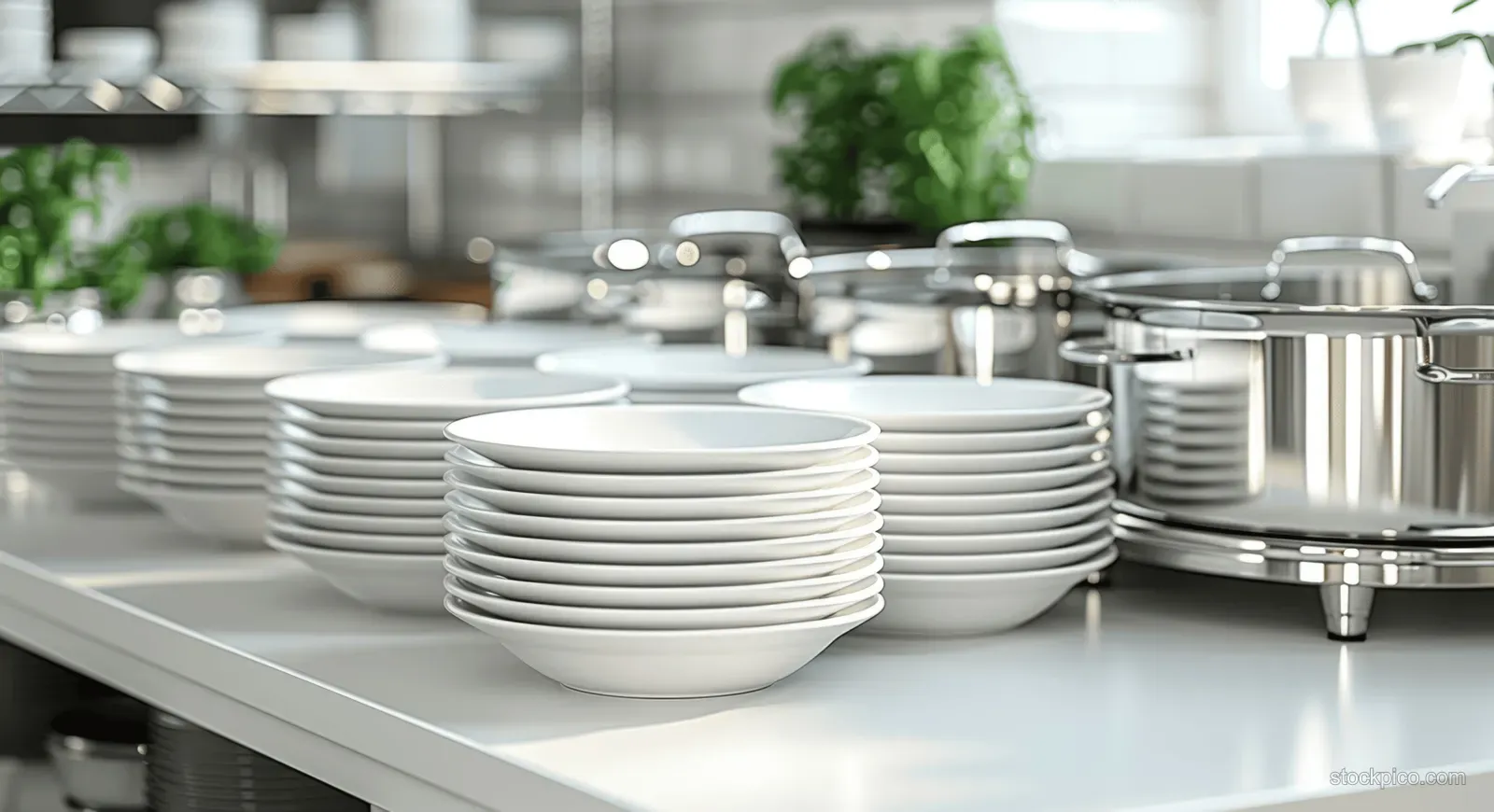 Stacked white plates and empty bowls on a counter beside stainless chafing dishes for catering service.