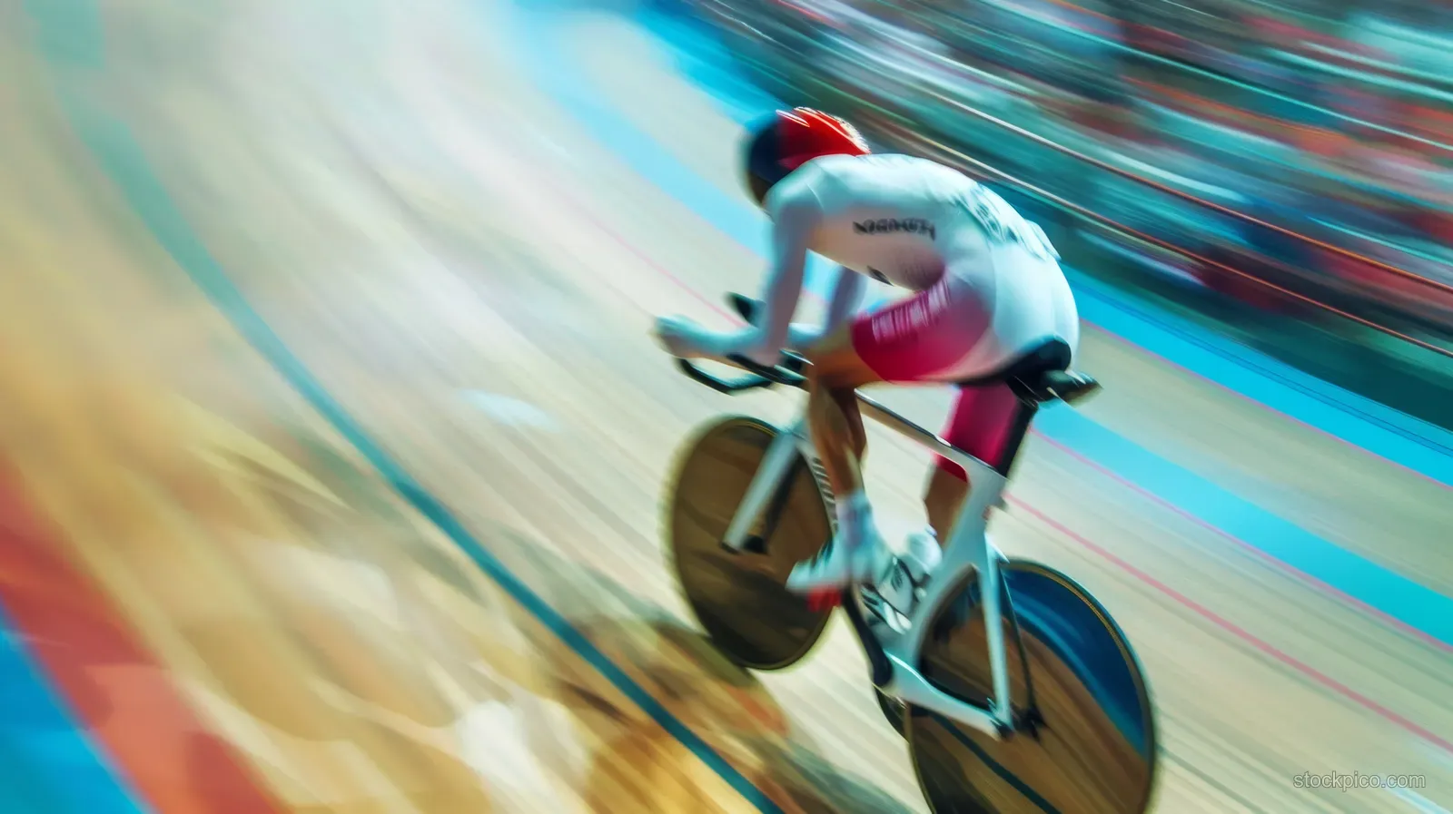 A male track cyclist speeds along a blue velodrome turn, body leaning forward with pronounced motion blur.