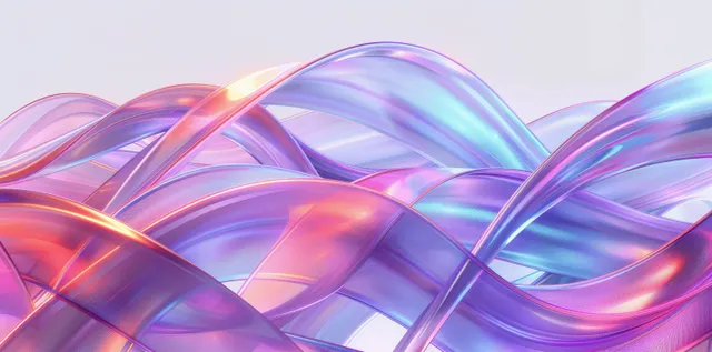 3D iridescent ribbons intertwine with curved lines on a clean white background