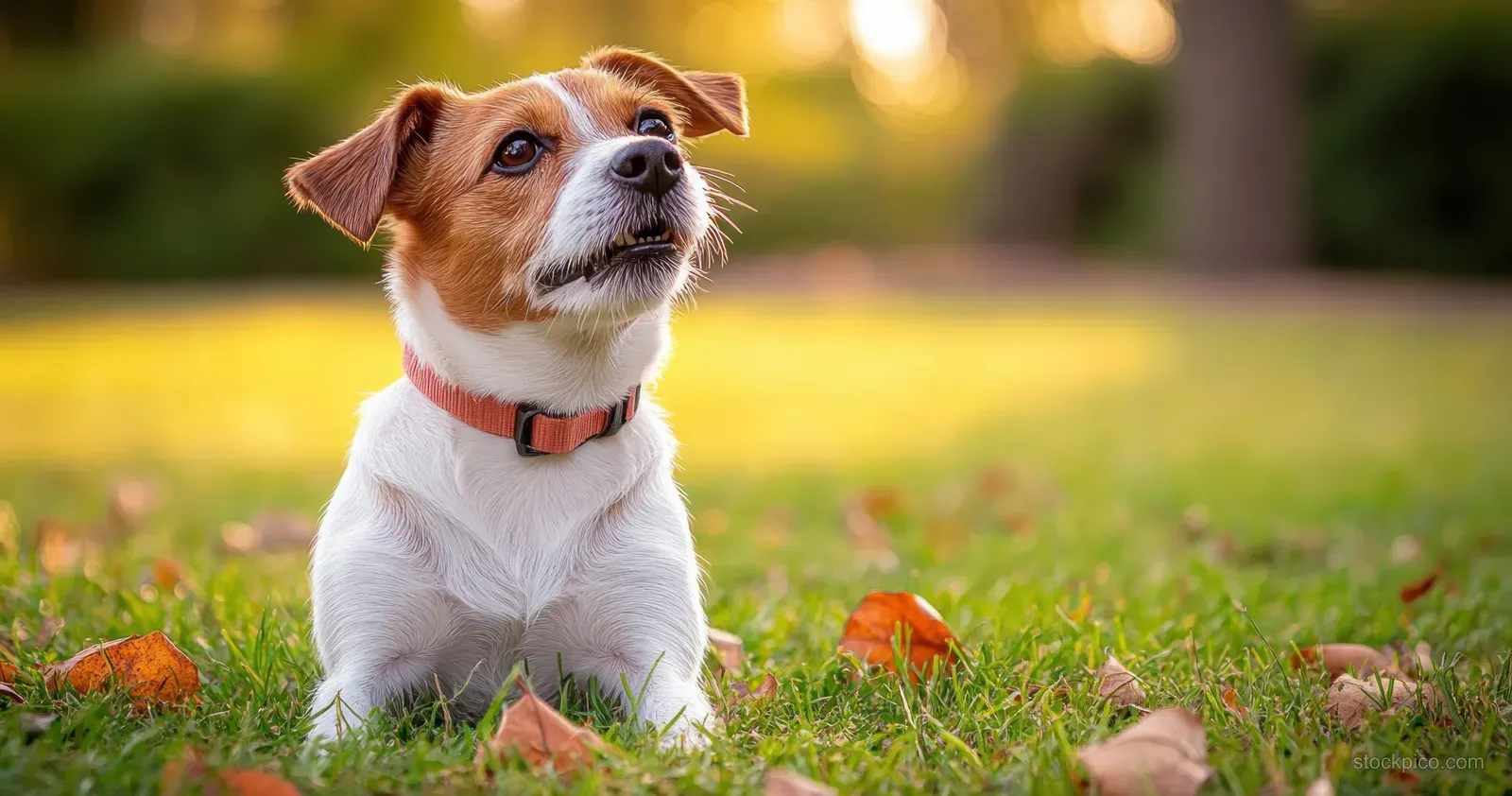 Small brown-and-white dog wearing a collar lies on grass with scattered dry leaves in a sunlit park.
