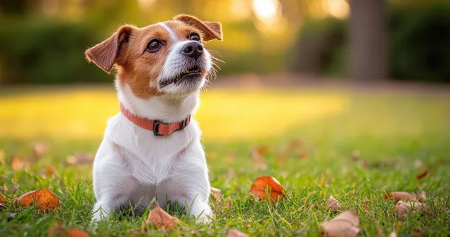 Small brown-and-white dog lying on grass in sunlit park with scattered dry leaves